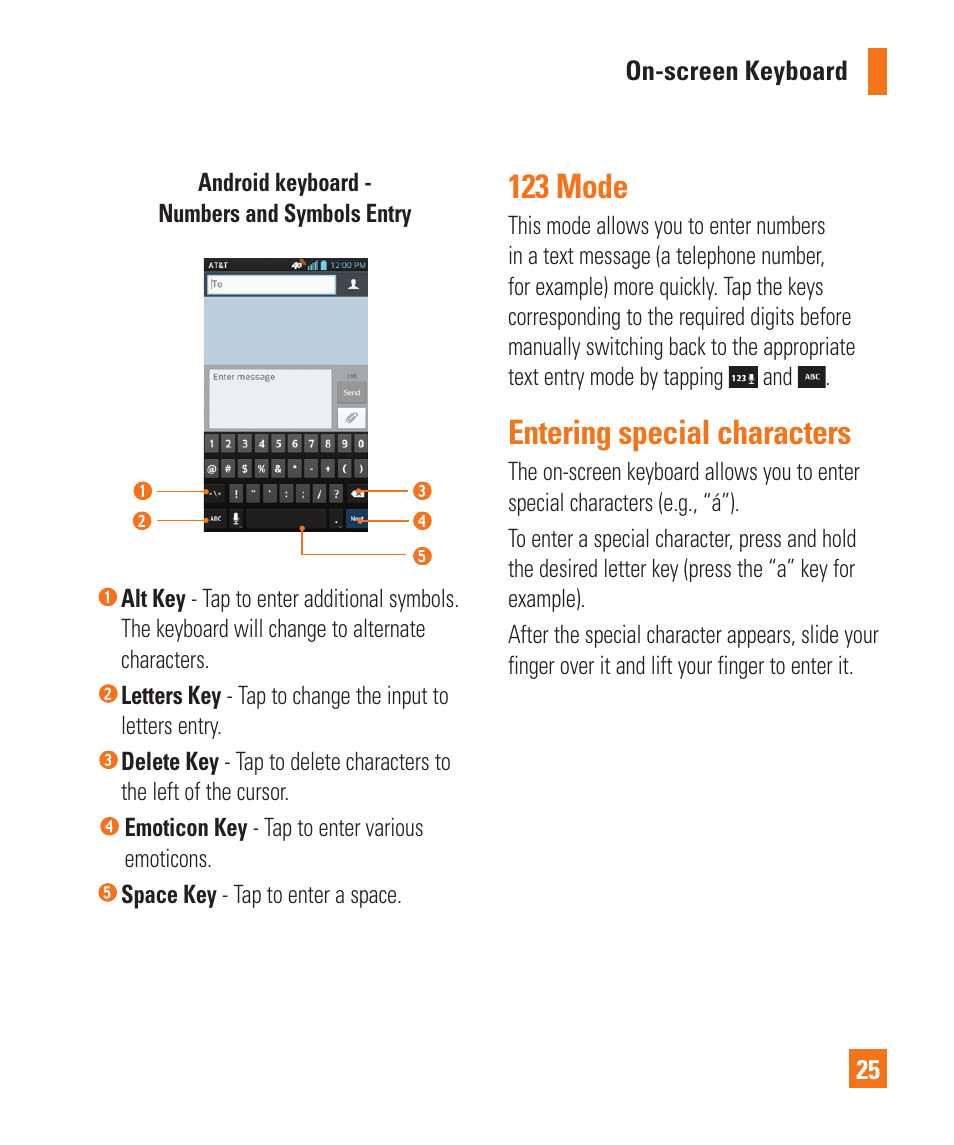 123 mode, Entering special characters | LG P925 User Manual | Page 29 / 119