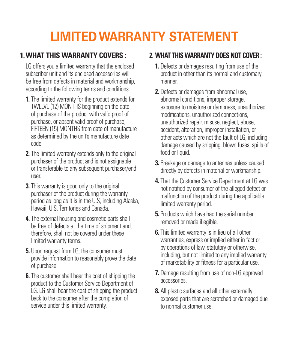 Limited warranty statement | LG P925 User Manual | Page 3 / 119