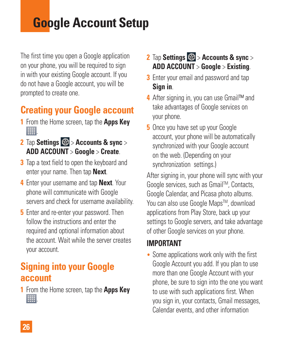 Google account setup, Creating your google account, Signing into your googleaccount | Signing into your google account | LG P925 User Manual | Page 30 / 119