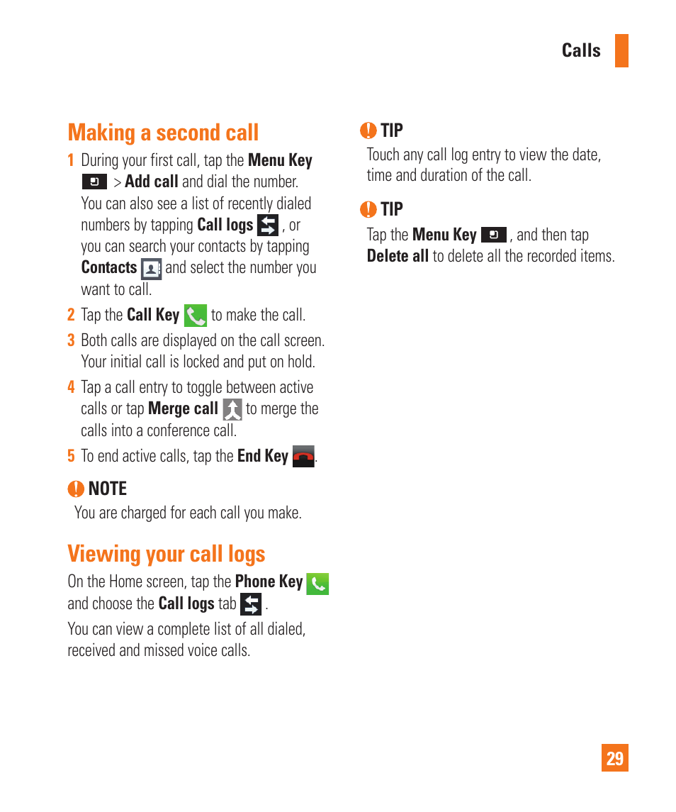 Making a second call, Viewing your call logs | LG P925 User Manual | Page 33 / 119