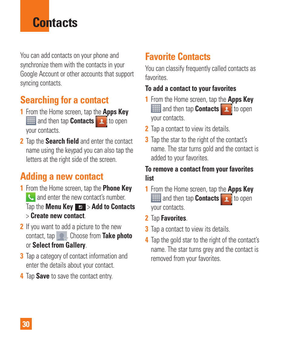 Contacts, Searching for a contact, Adding a new contact | Favorite contacts | LG P925 User Manual | Page 34 / 119