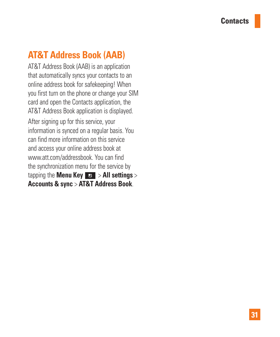 At&t address book (aab) | LG P925 User Manual | Page 35 / 119