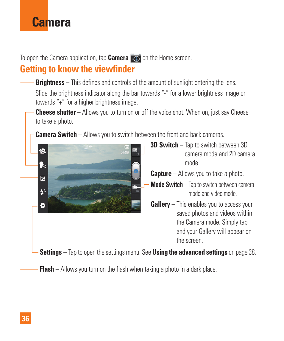 Camera, Getting to know the viewfinder | LG P925 User Manual | Page 40 / 119