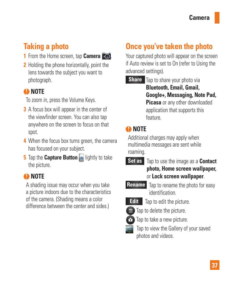 Taking a photo, Once you’ve taken the photo | LG P925 User Manual | Page 41 / 119