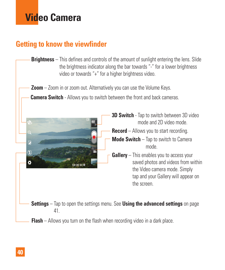 Video camera, Getting to know the viewfinder | LG P925 User Manual | Page 44 / 119