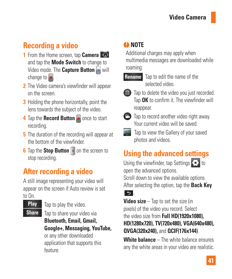 Recording a video, After recording a video, Using the advanced settings | LG P925 User Manual | Page 45 / 119