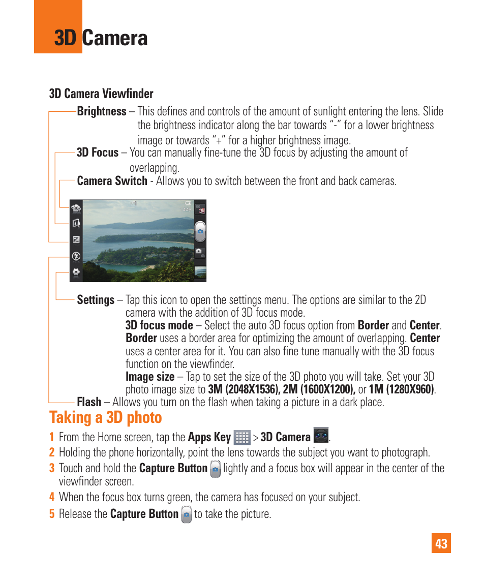 3d camera, Taking a 3d photo | LG P925 User Manual | Page 47 / 119