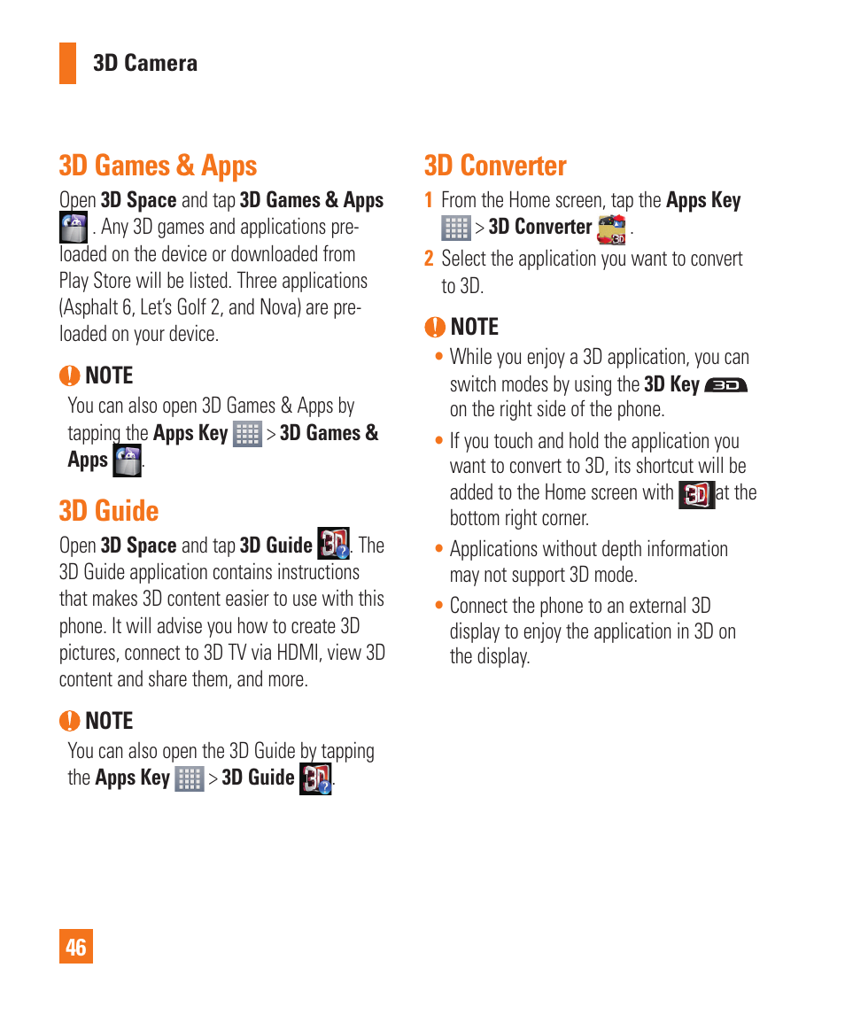 3d games & apps, 3d guide, 3d converter | LG P925 User Manual | Page 50 / 119