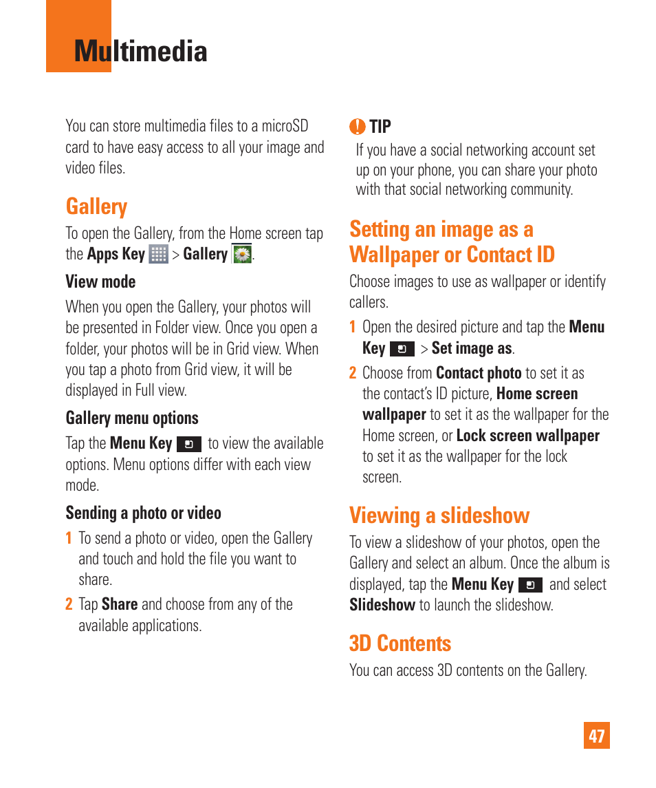 Multimedia, Gallery, Setting an image as awallpaper or contact id | Viewing a slideshow, 3d contents, Setting an image as a wallpaper or contact id | LG P925 User Manual | Page 51 / 119