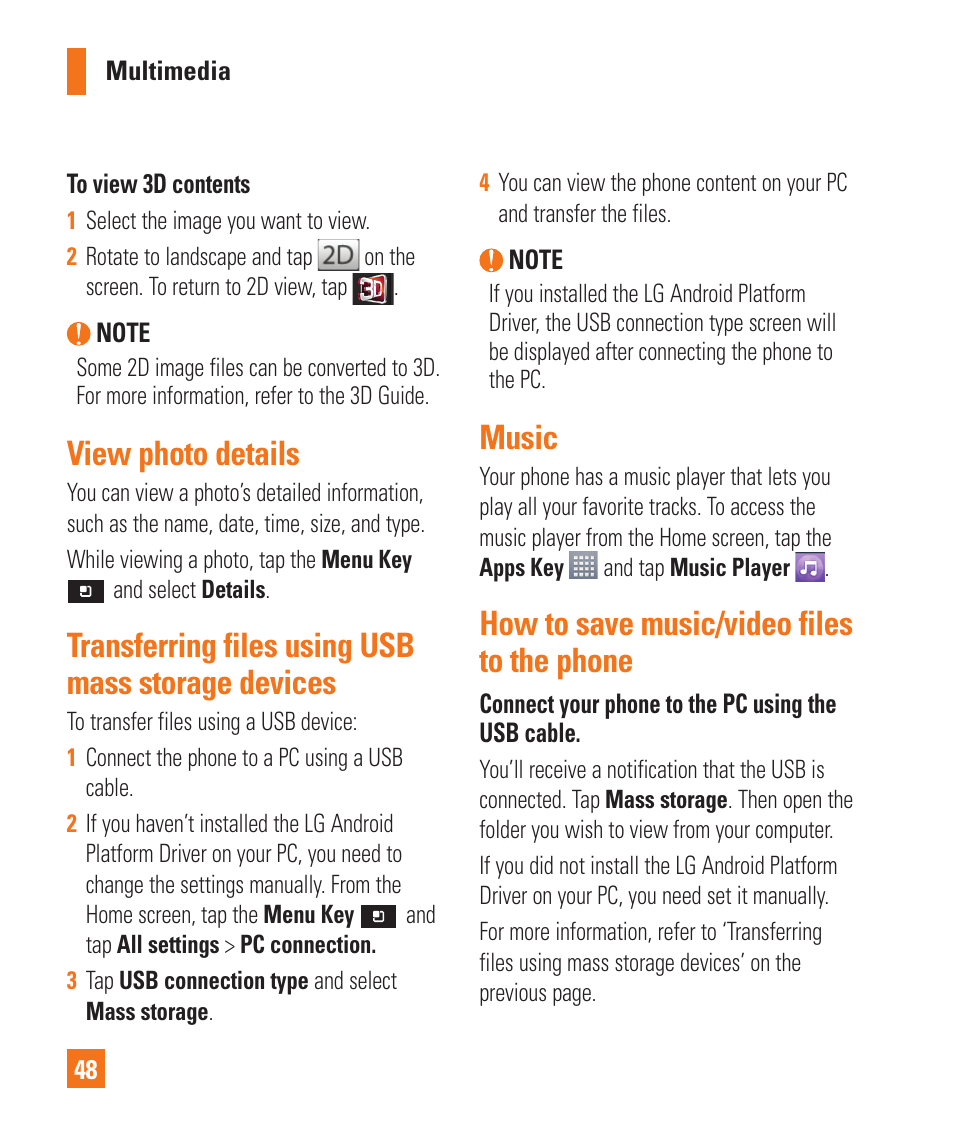 View photo details, Transferring files using usbmass storage devices, Music | How to save music/video filesto the phone, Transferring files using usb mass storage devices, How to save music/video files to the phone | LG P925 User Manual | Page 52 / 119