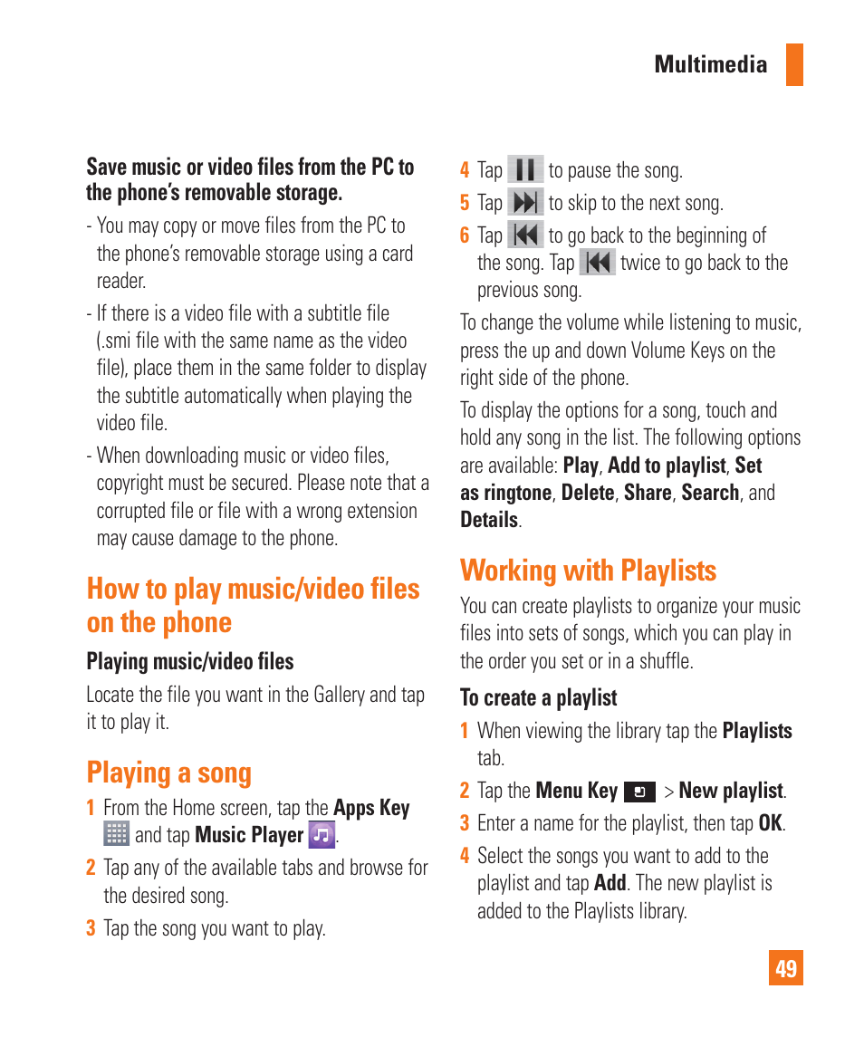 How to play music/video fileson the phone, Playing a song, Working with playlists | How to play music/video files on the phone | LG P925 User Manual | Page 53 / 119