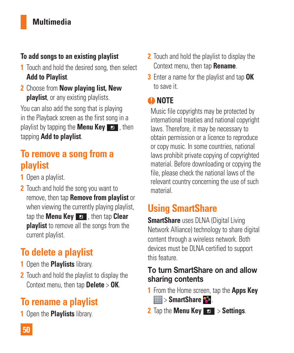 To remove a song from aplaylist, To delete a playlist, To rename a playlist | Using smartshare | LG P925 User Manual | Page 54 / 119