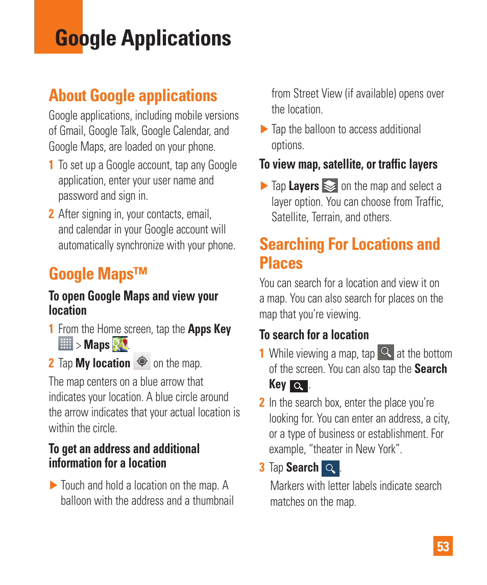 Google applications, About google applications, Google maps | Searching for locations andplaces, Searching for locations and places | LG P925 User Manual | Page 57 / 119