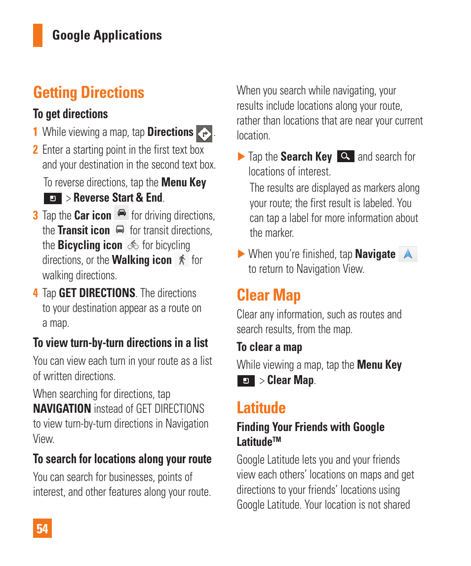 Getting directions, Clear map, Latitude | LG P925 User Manual | Page 58 / 119