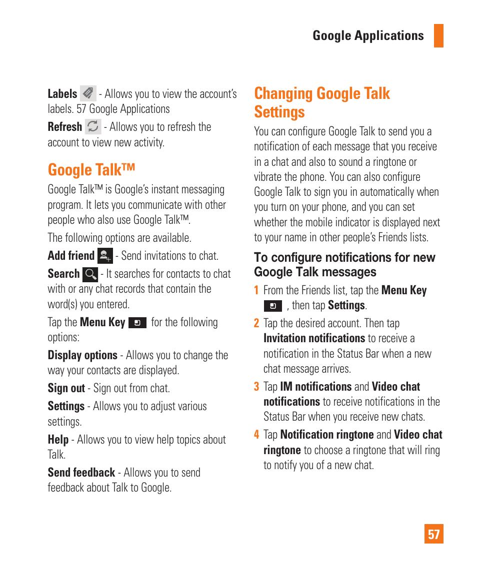 Google talk, Changing google talksettings, Changing google talk settings | LG P925 User Manual | Page 61 / 119