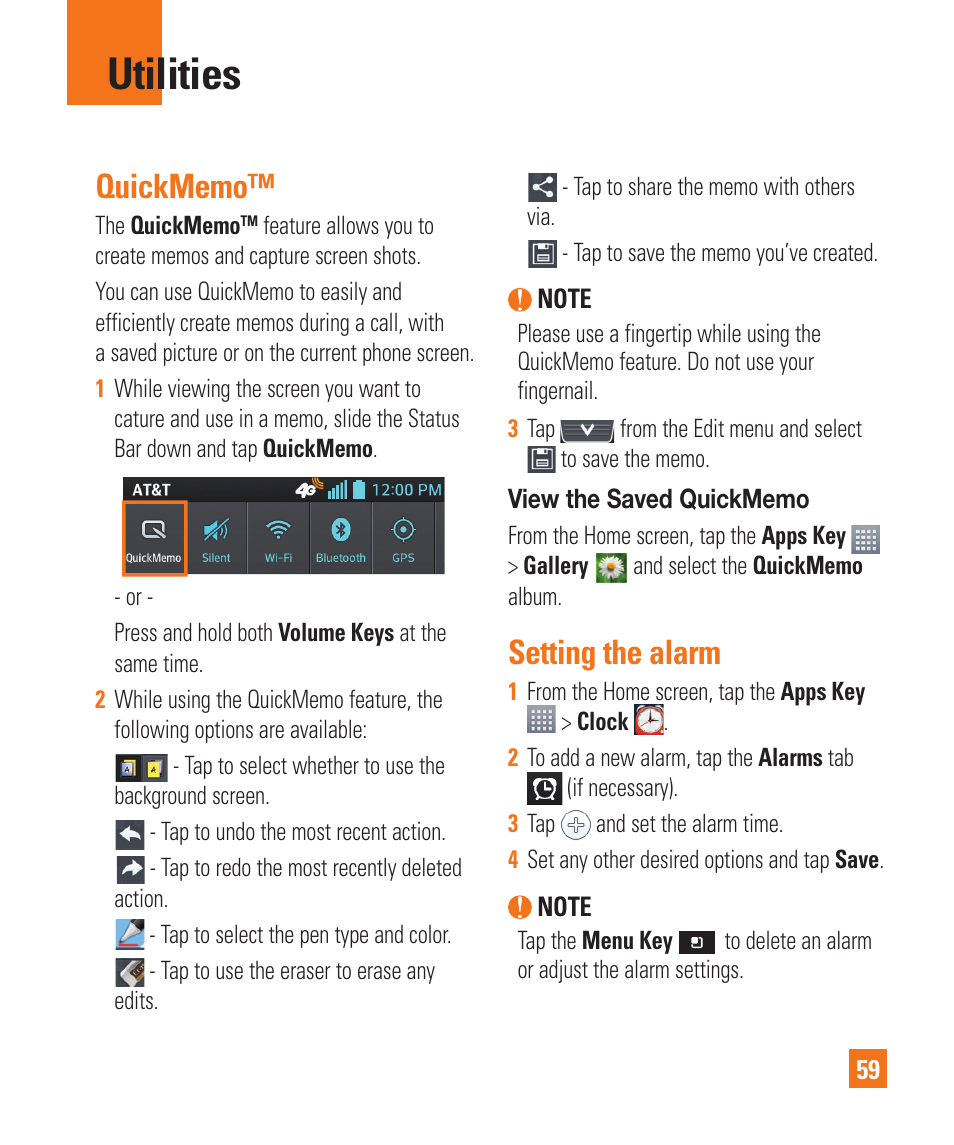 Utilities, Quickmemo, Setting the alarm | LG P925 User Manual | Page 63 / 119