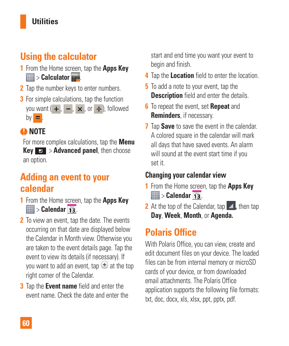 Using the calculator, Adding an event to yourcalendar, Polaris office | Adding an event to your calendar | LG P925 User Manual | Page 64 / 119