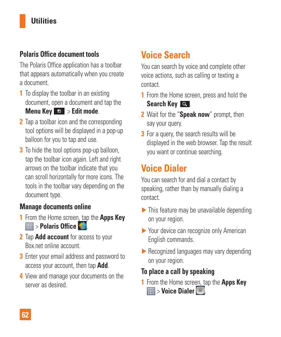 Voice search, Voice dialer | LG P925 User Manual | Page 66 / 119