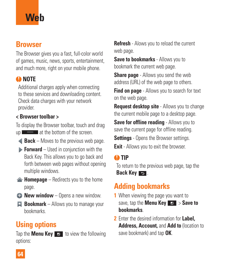 Browser, Using options, Adding bookmarks | LG P925 User Manual | Page 68 / 119