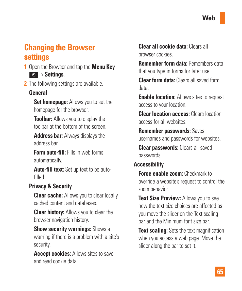 Changing the browsersettings, Changing the browser settings | LG P925 User Manual | Page 69 / 119