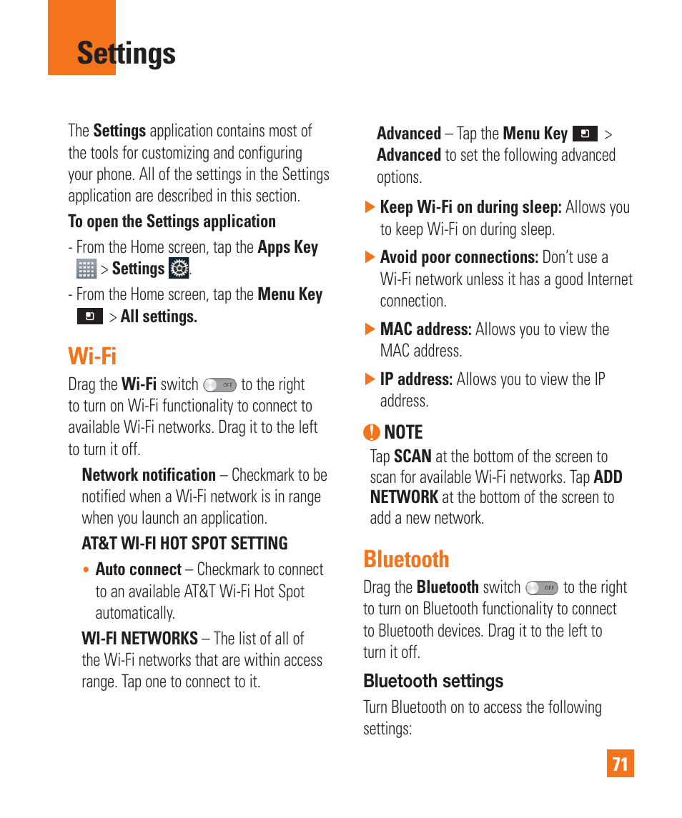 Settings, Wi-fi, Bluetooth | LG P925 User Manual | Page 75 / 119