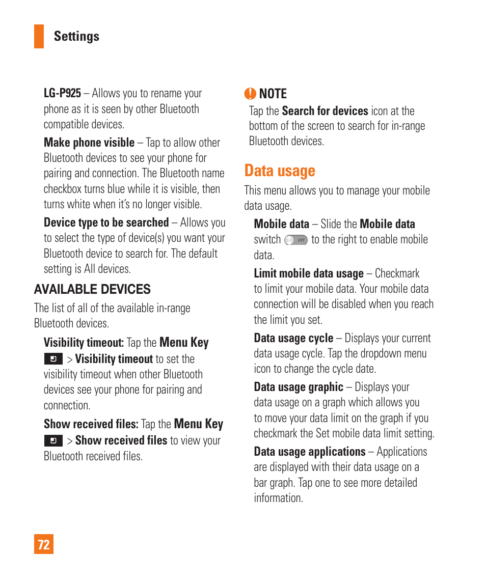 Data usage | LG P925 User Manual | Page 76 / 119