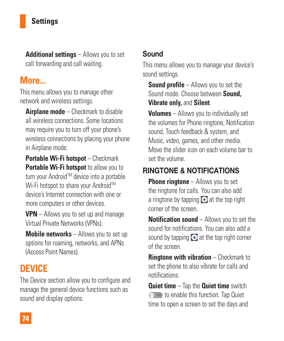 More, Device | LG P925 User Manual | Page 78 / 119