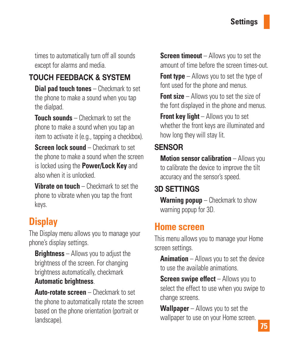 Display, Home screen | LG P925 User Manual | Page 79 / 119