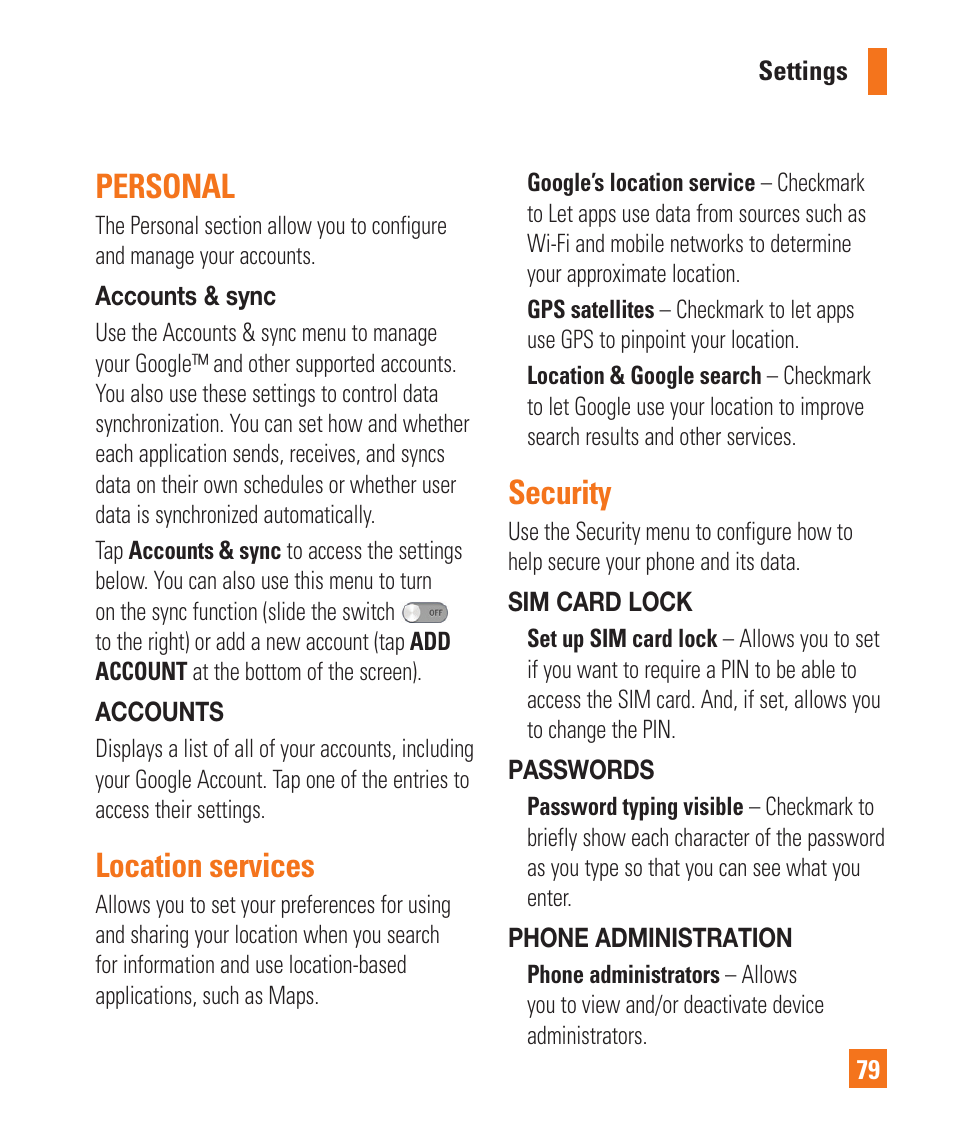 Personal, Location services, Security | LG P925 User Manual | Page 83 / 119