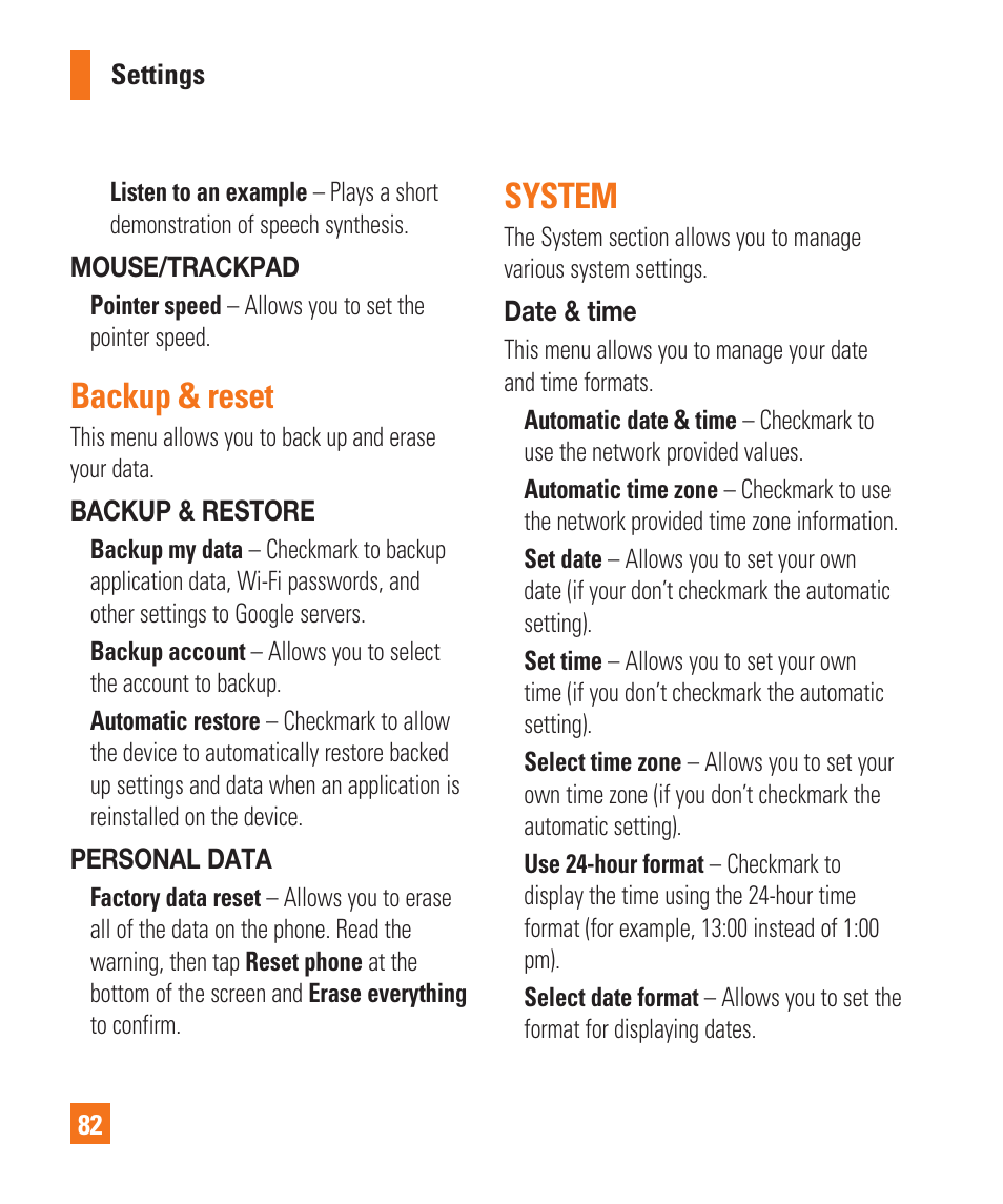 Backup & reset, System | LG P925 User Manual | Page 86 / 119