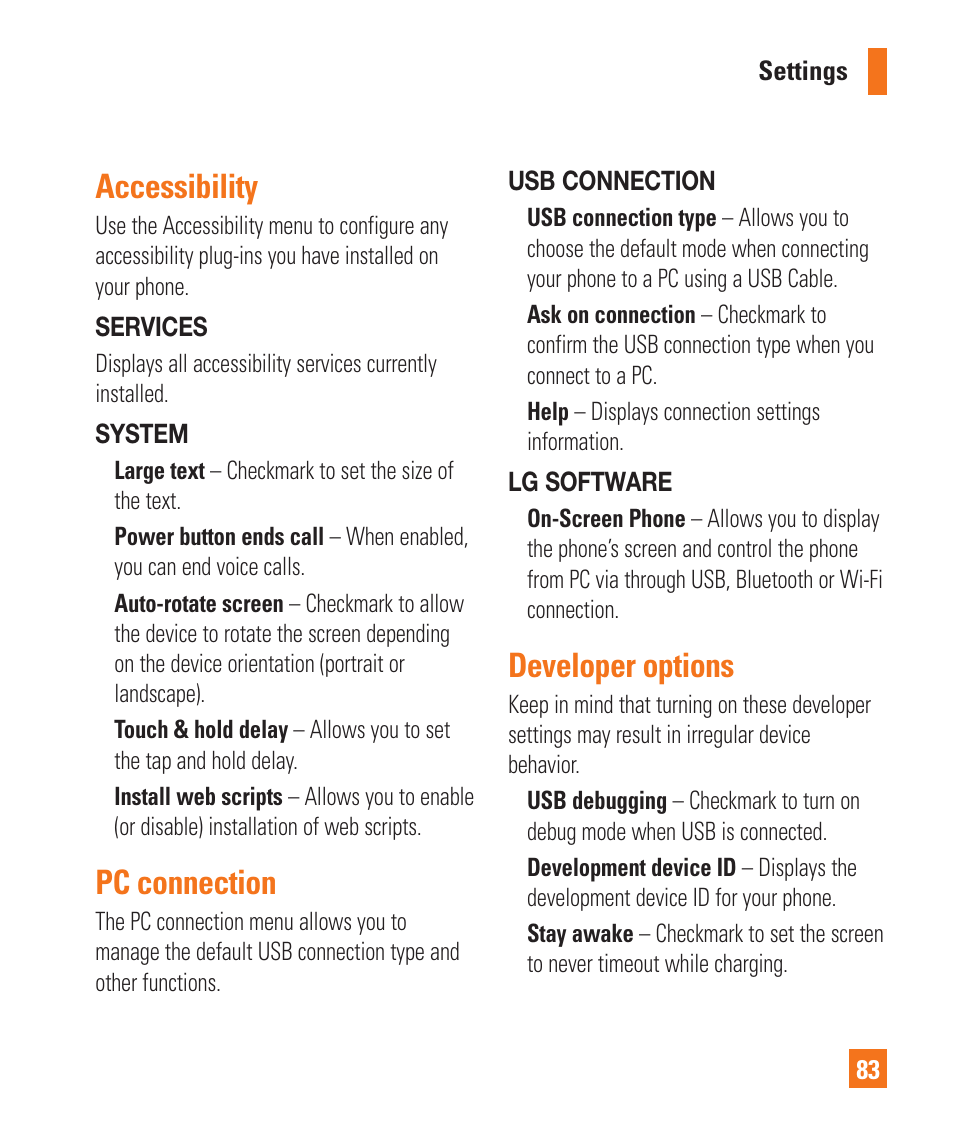 Accessibility, Pc connection, Developer options | LG P925 User Manual | Page 87 / 119