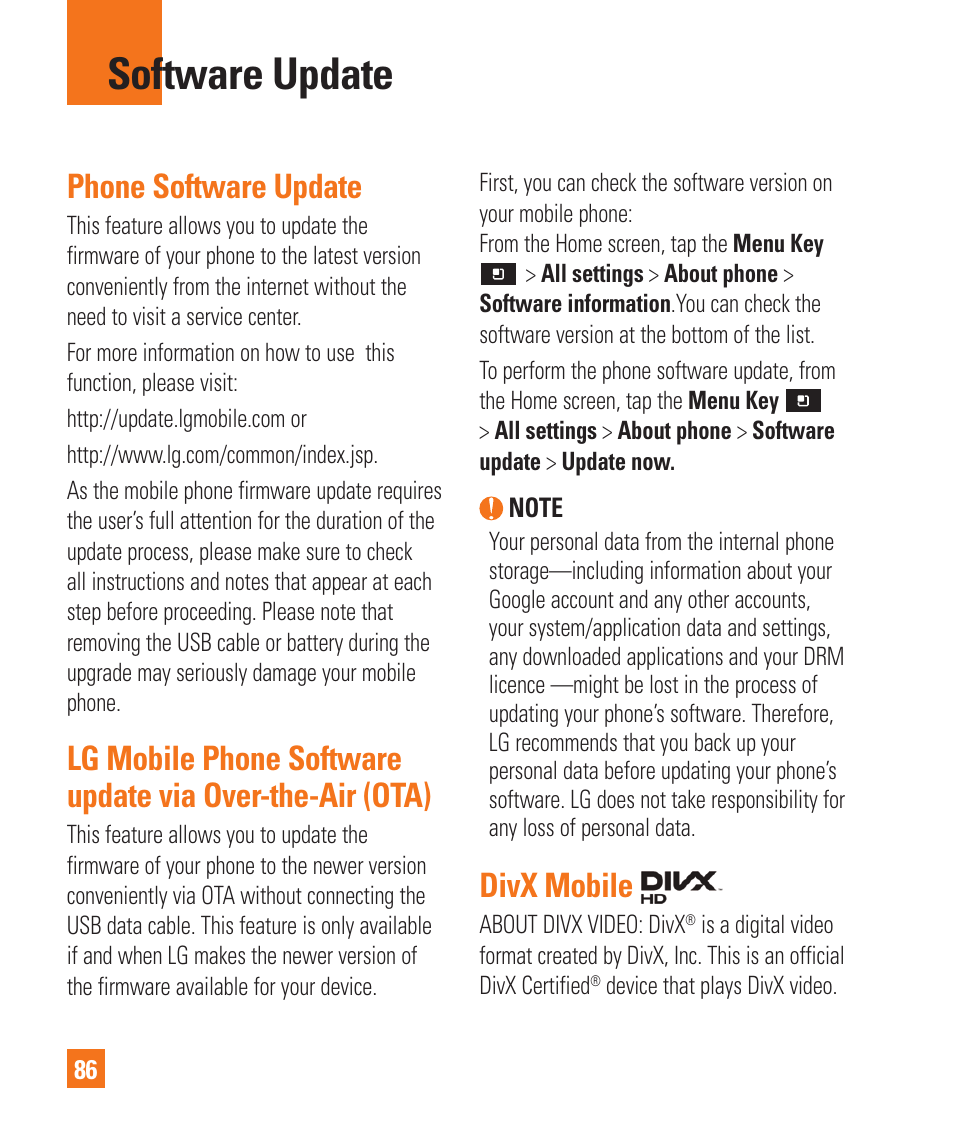 Software update, Phone software update, Divx mobile | LG P925 User Manual | Page 90 / 119