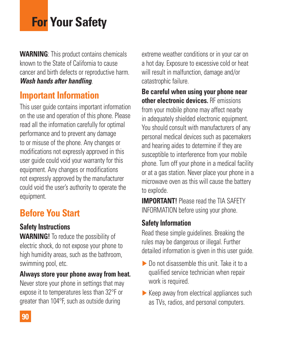 For your safety, Important information, Before you start | LG P925 User Manual | Page 94 / 119