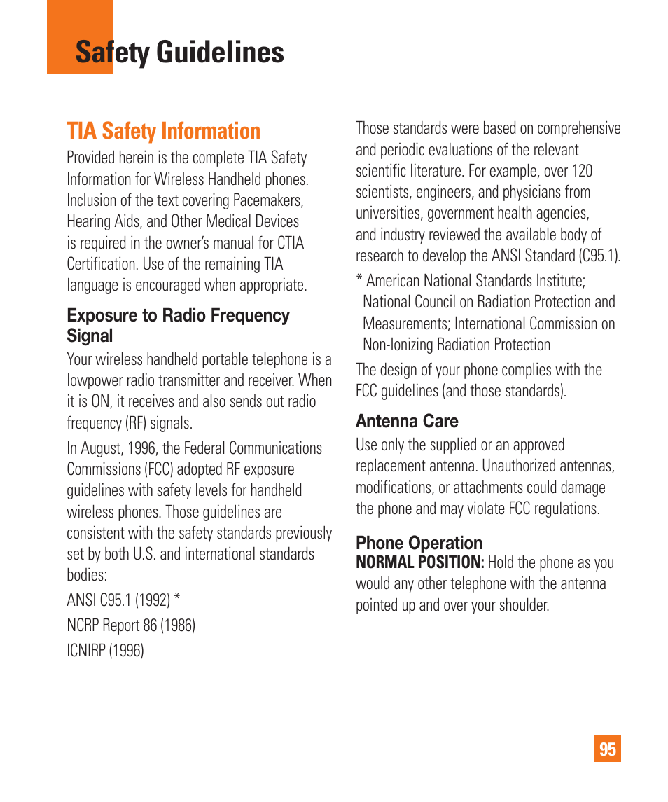 Safety guidelines, Tia safety information | LG P925 User Manual | Page 99 / 119