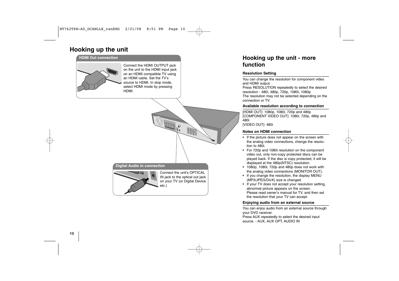 Hooking up the unit, Hooking up the unit - more function | LG LHT888 User Manual | Page 10 / 24