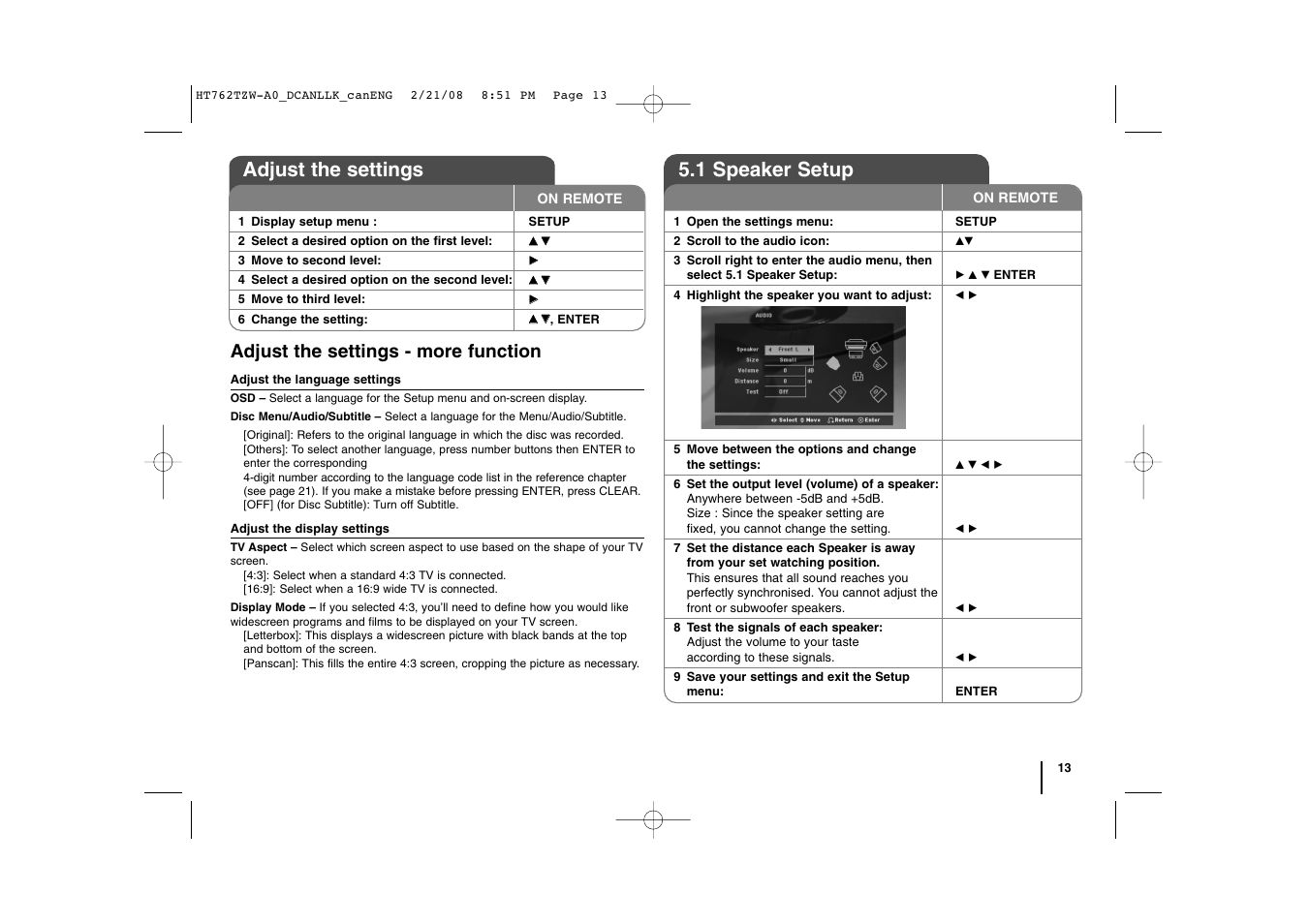 Adjust the settings, 1 speaker setup, Adjust the settings - more function | LG LHT888 User Manual | Page 13 / 24