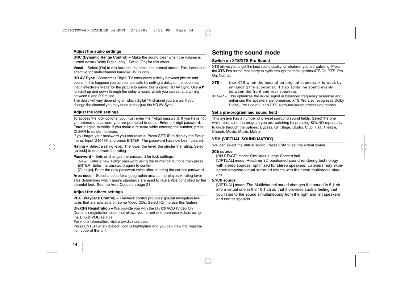 Setting the sound mode | LG LHT888 User Manual | Page 14 / 24