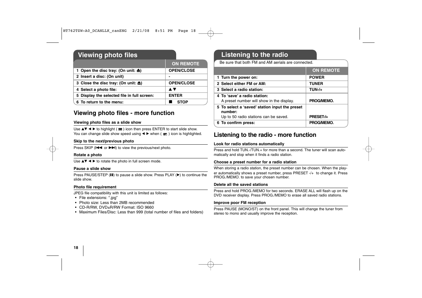 Listening to the radio, Viewing photo files, Viewing photo files - more function | Listening to the radio - more function | LG LHT888 User Manual | Page 18 / 24