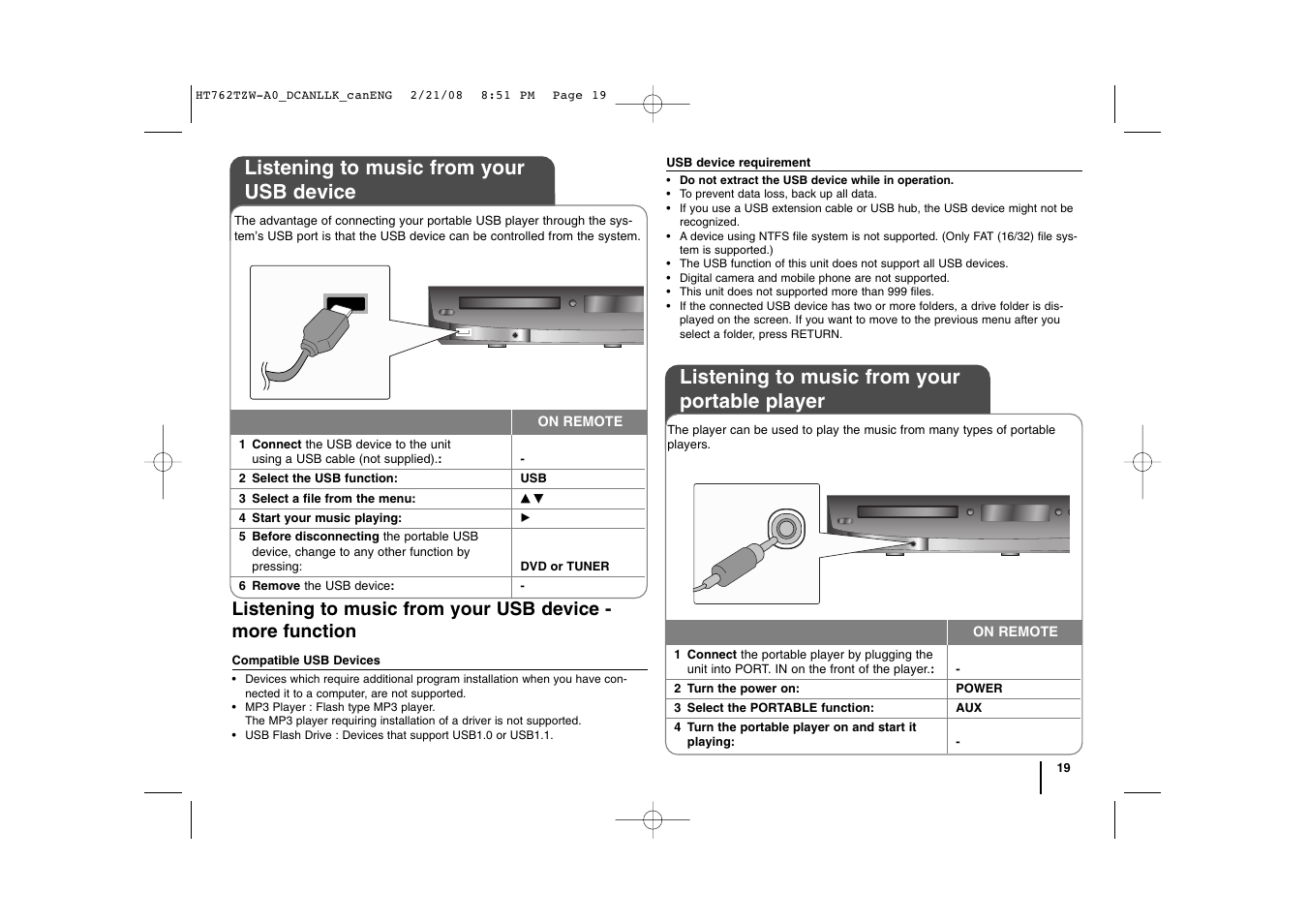 Listening to music from your usb device, Listening to music from your portable player | LG LHT888 User Manual | Page 19 / 24