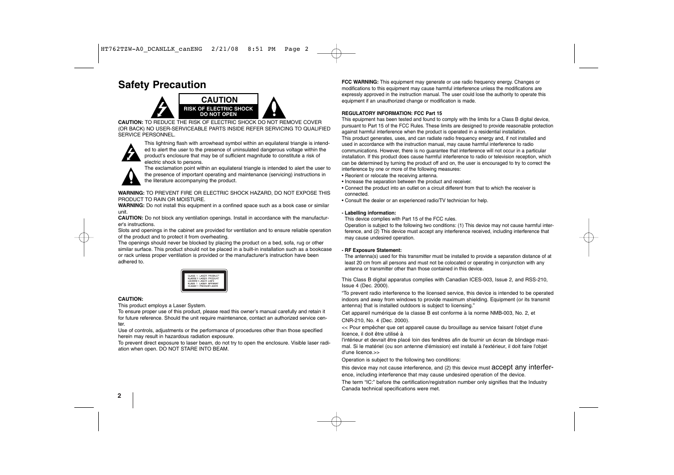 Safety precaution | LG LHT888 User Manual | Page 2 / 24