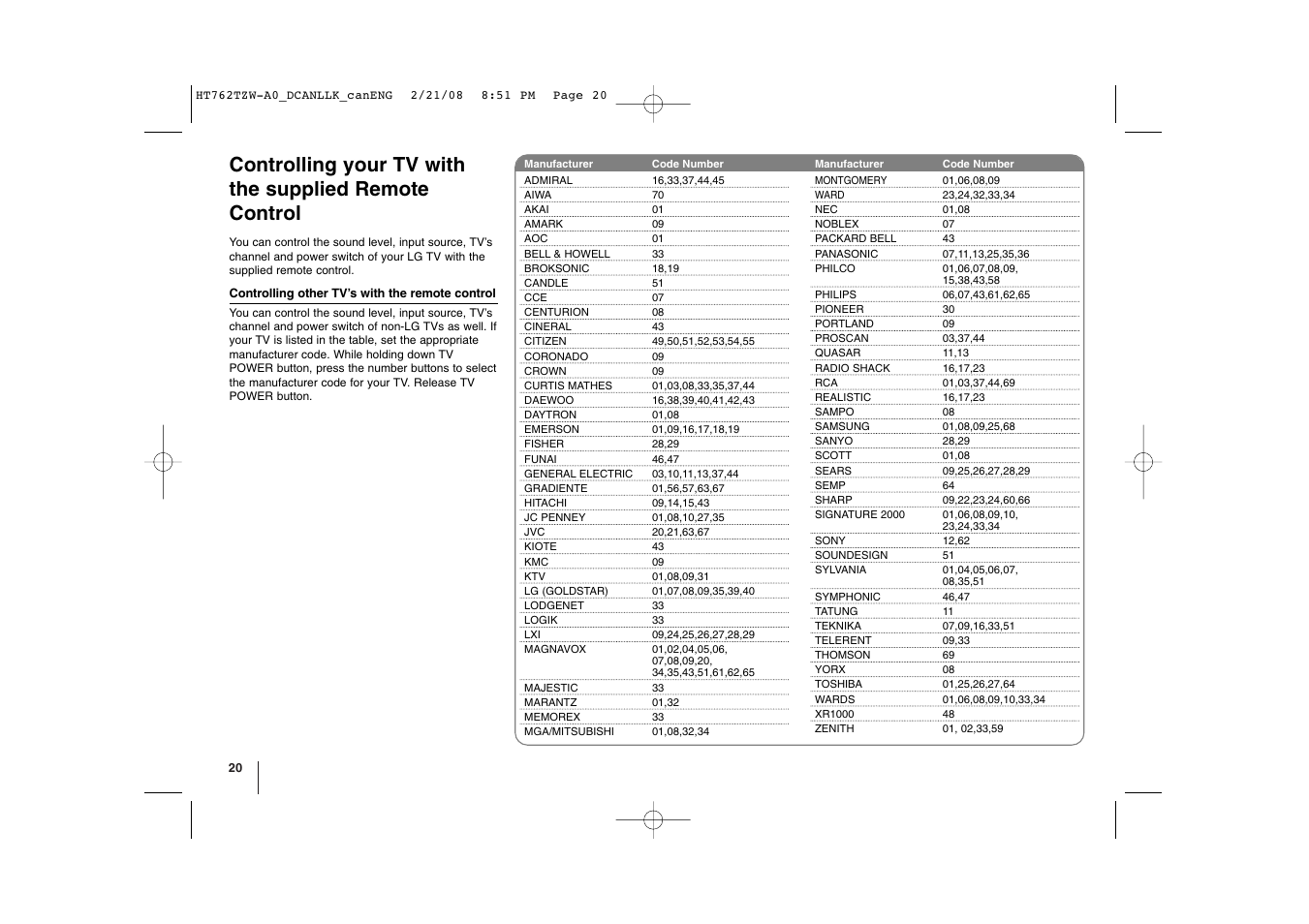 LG LHT888 User Manual | Page 20 / 24