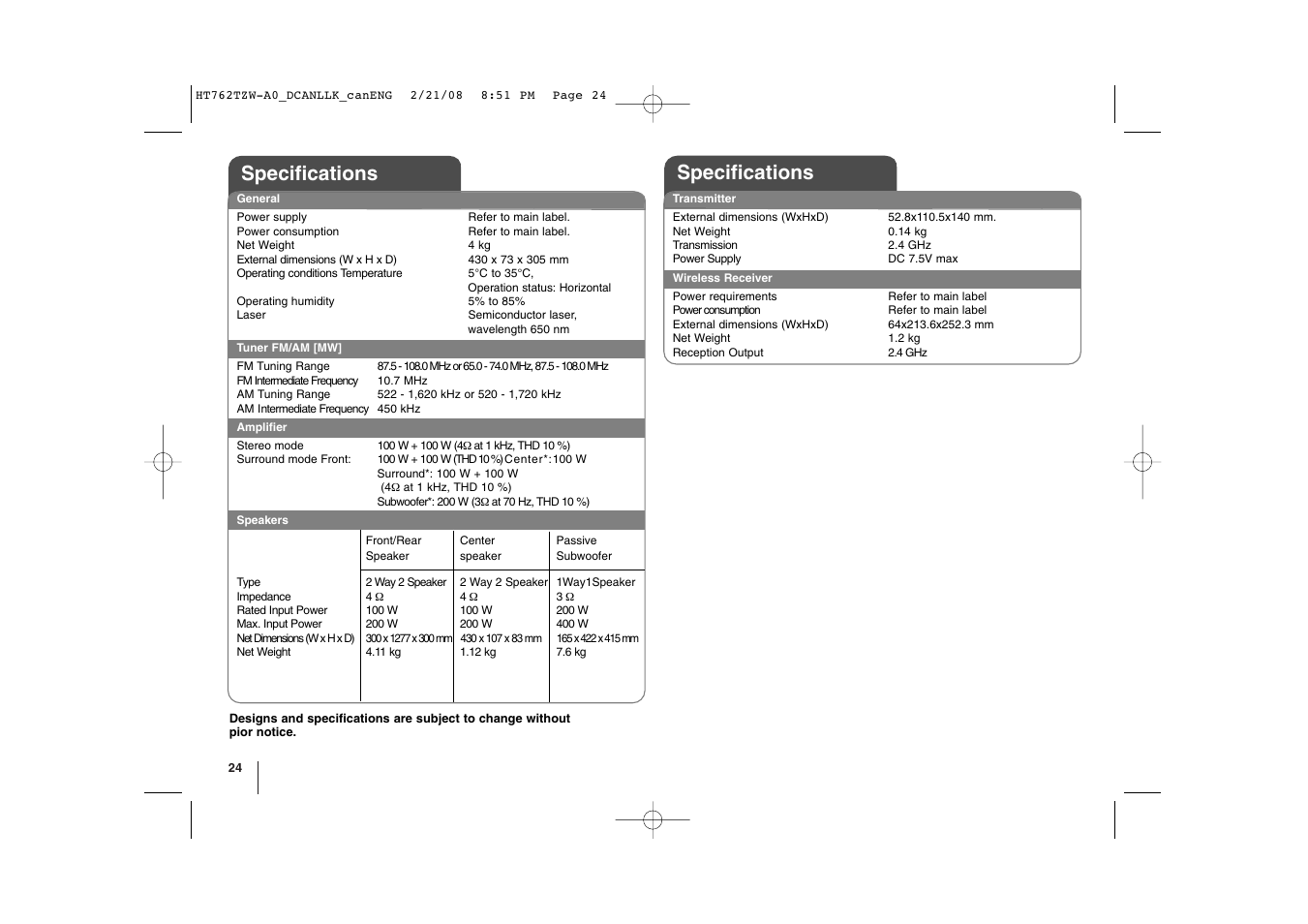 Specifications | LG LHT888 User Manual | Page 24 / 24