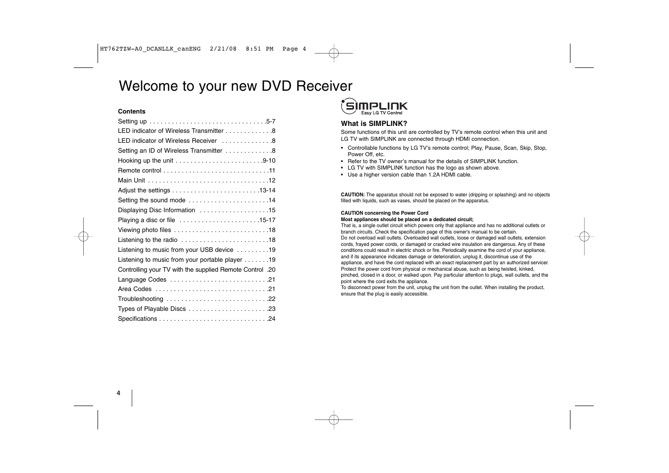 Welcome to your new dvd receiver | LG LHT888 User Manual | Page 4 / 24