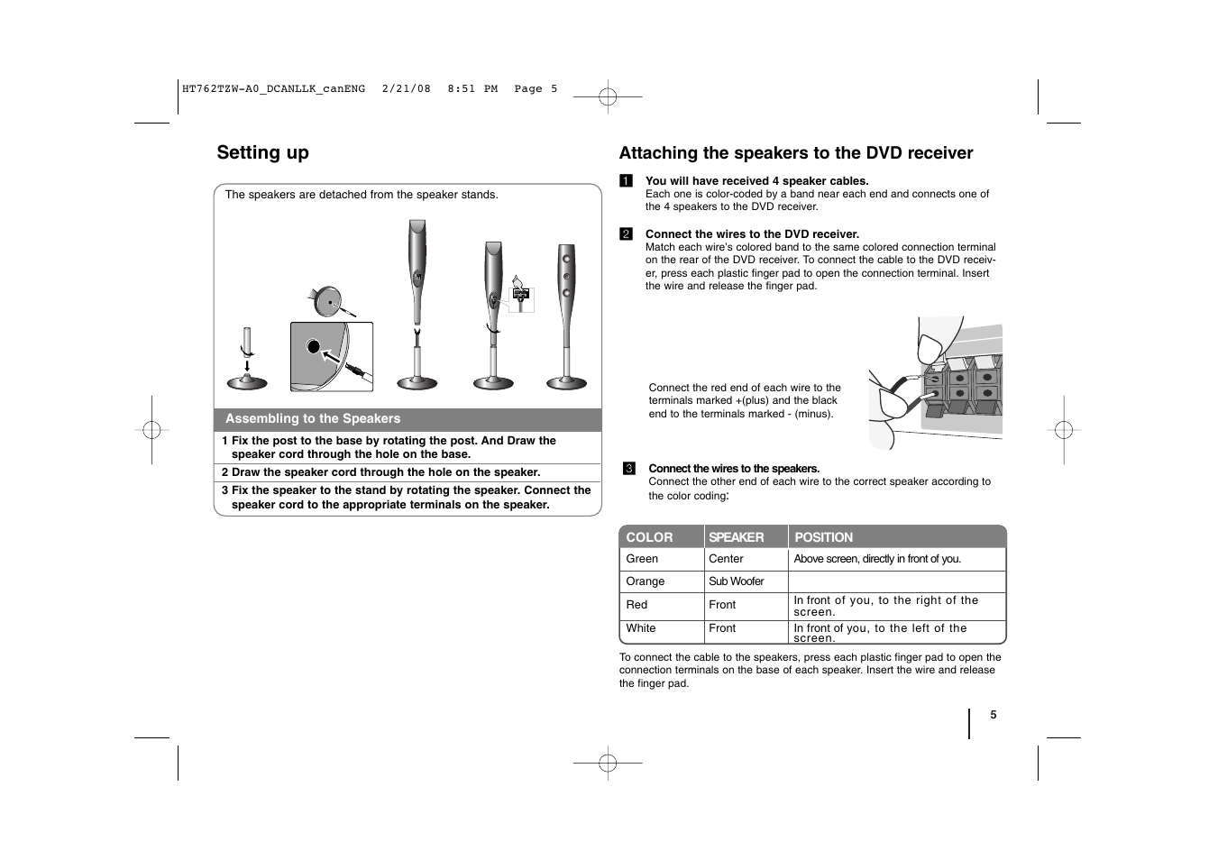 Setting up, Attaching the speakers to the dvd receiver | LG LHT888 User Manual | Page 5 / 24