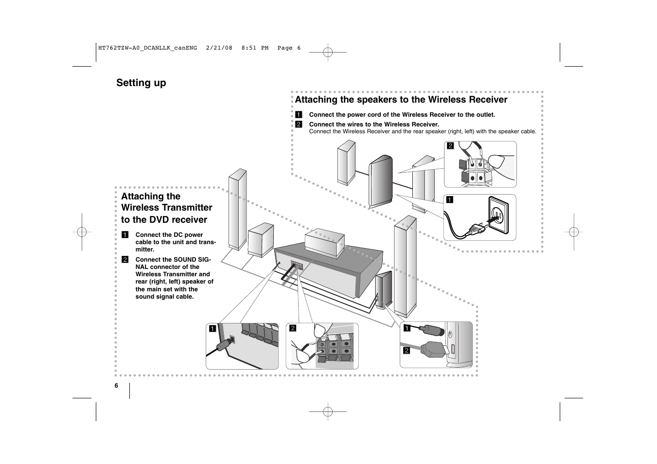 Setting up, Attaching the speakers to the wireless receiver | LG LHT888 User Manual | Page 6 / 24