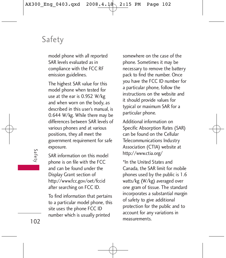 Safety | LG LGAX300 User Manual | Page 104 / 115