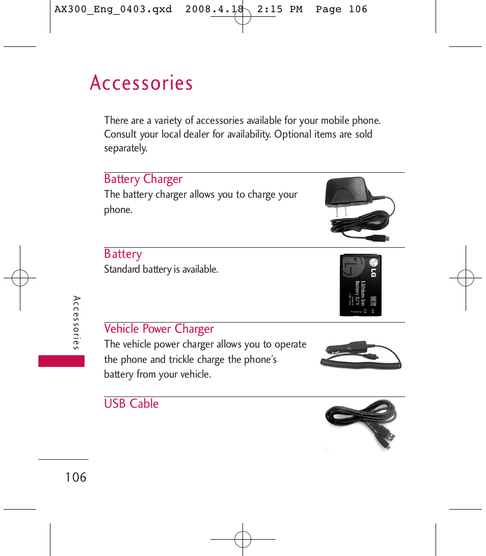 Accessories | LG LGAX300 User Manual | Page 108 / 115