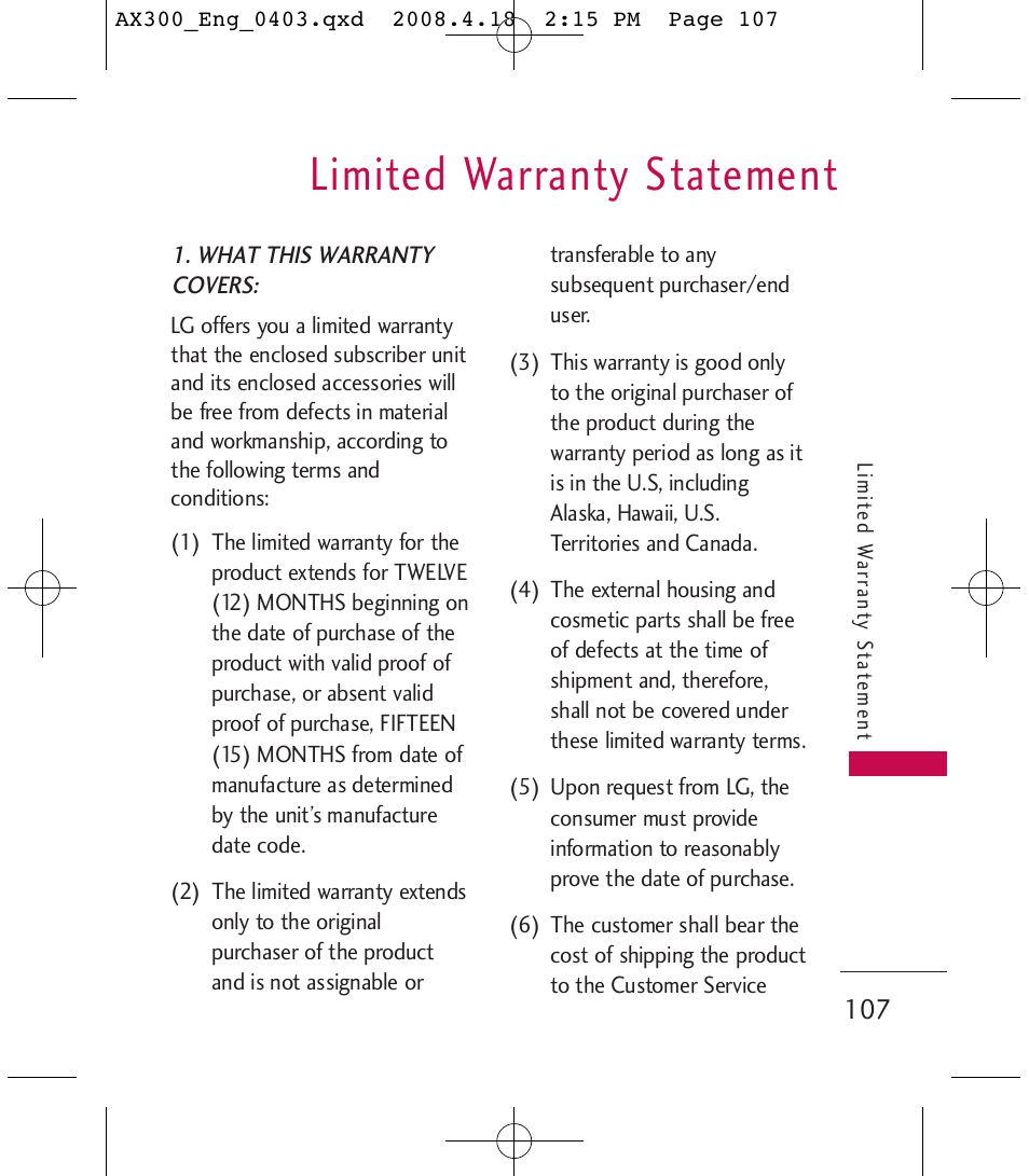 Limited warranty statement | LG LGAX300 User Manual | Page 109 / 115