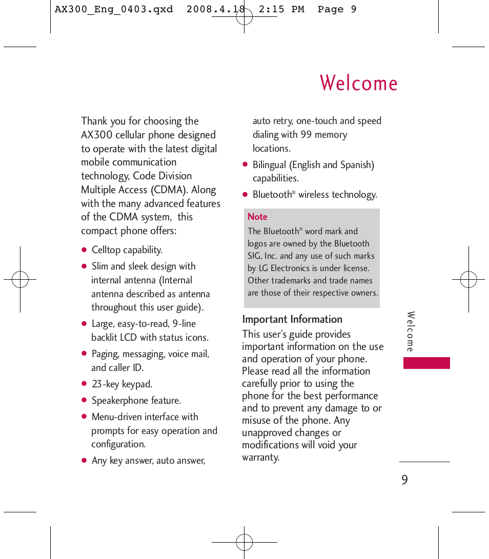 Welcome, Important information | LG LGAX300 User Manual | Page 11 / 115