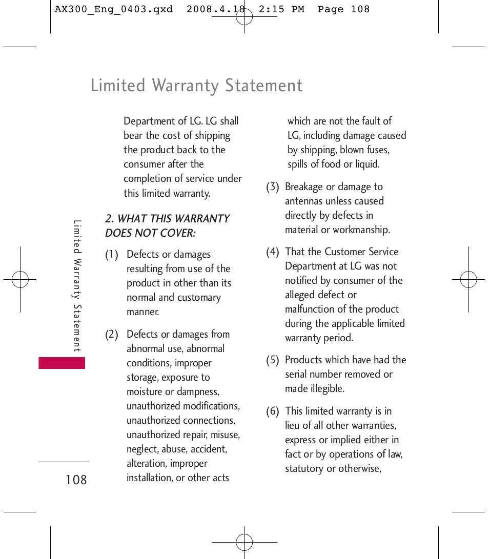 Limited warranty statement | LG LGAX300 User Manual | Page 110 / 115